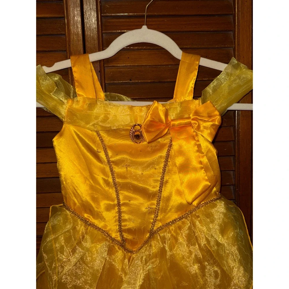 Yellow Belle Princess Costume Dress Kids Girls Gold Sequin Rose Detail Halloween